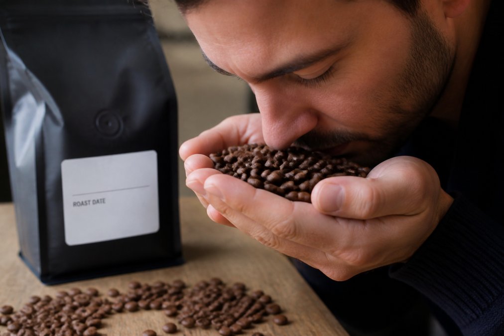 Person's hands holding a handful of fresh whole coffee beans near their nose, demonstrating aroma assessment technique with a coffee bag showing roast date visible in soft background lighting