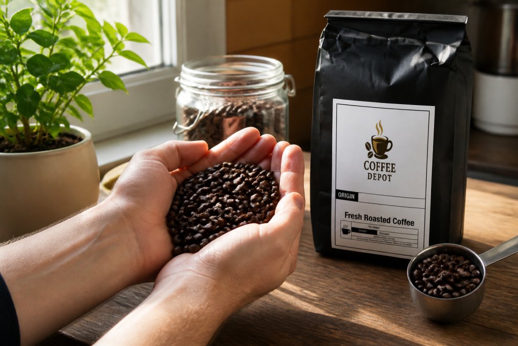 Close-up of hands holding premium coffee beans with rich dark brown color, visible oil surface, and even roast distribution against natural window light in a home kitchen
