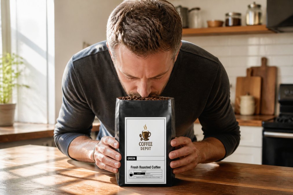 Coffee enthusiast with focused expression smelling fresh coffee beans from an open bag in warm natural light, home kitchen setting with wooden surfaces