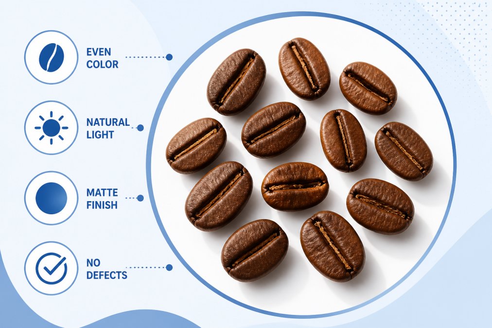 Close-up of whole coffee beans showing even color and matte finish on a white background with natural morning light, individual beans clearly visible without defects