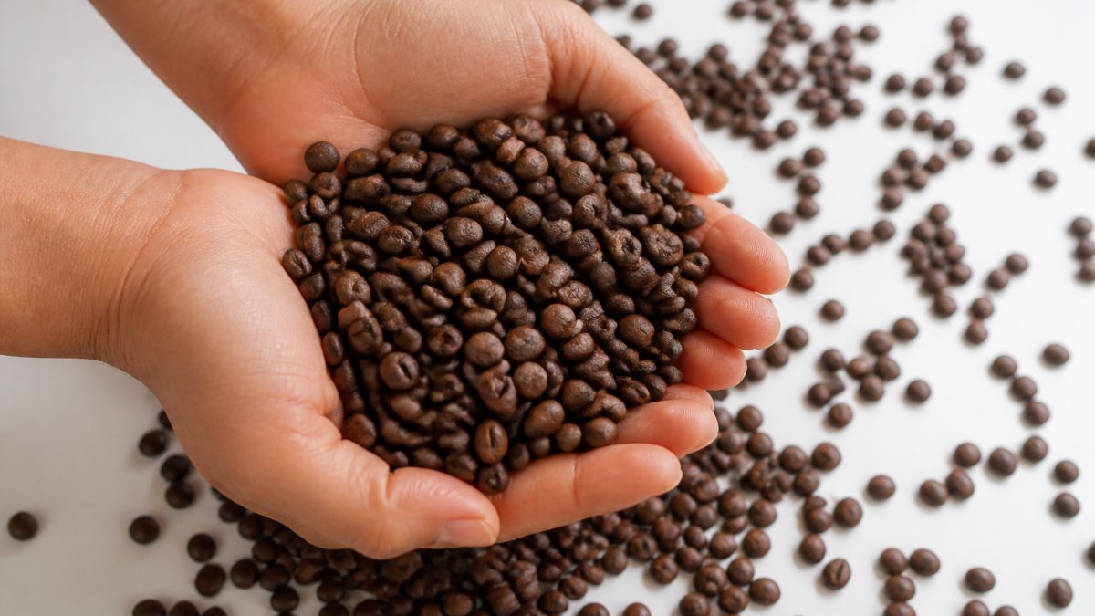 Close-up of hands holding freshly roasted coffee beans over a white surface, showing bean color, size, and uniformity with natural lighting