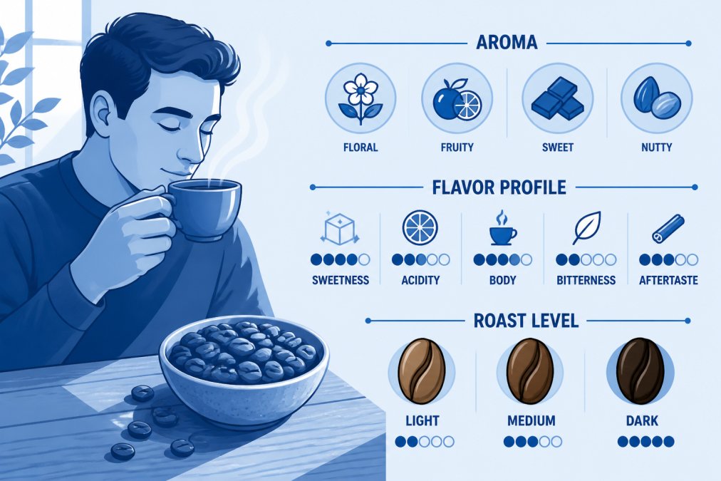 Person holding a coffee cup near their face, inhaling the aroma with eyes closed, fresh whole beans visible in a ceramic bowl on a wooden table with warm natural light