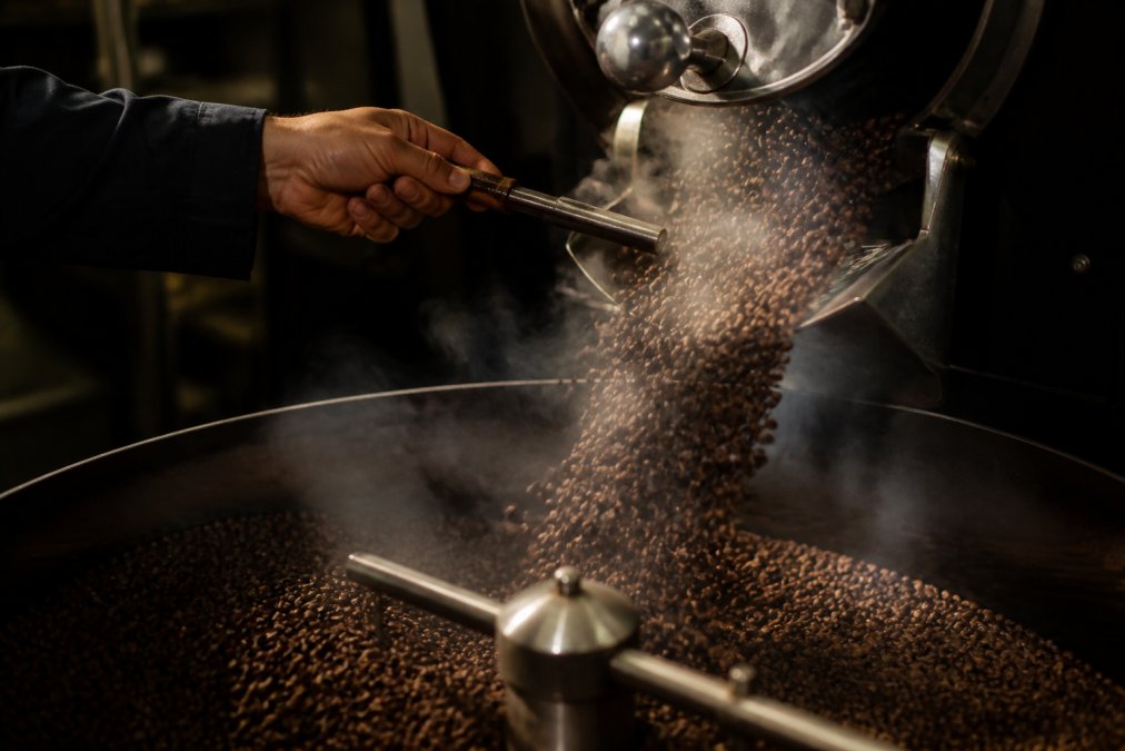 Close-up of a roaster's hand lifting a metal trier from a drum roaster, steaming beans tumbling back into the drum under warm workshop lighting