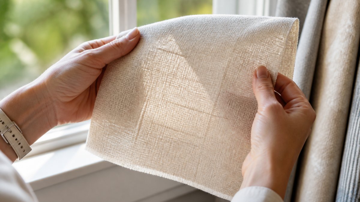 Close-up of hands holding a swatch of natural linen fabric up to a window, showing the weave and texture in natural light