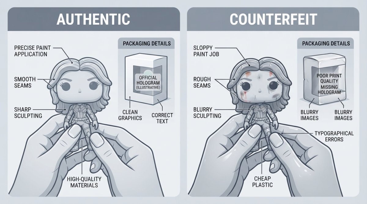 Close-up of hands holding authentic and counterfeit fandom figures side by side, showing paint application differences, seam quality, and packaging details under bright lighting