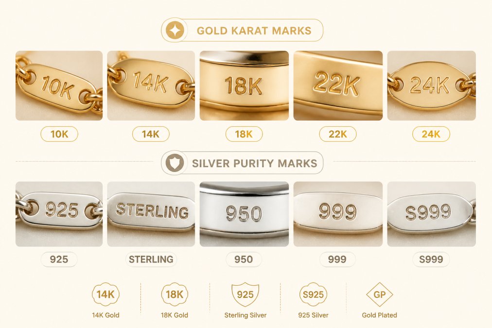Close-up macro photography of jewelry hallmarks and karat stamps on metal surfaces under bright studio lighting, showing detailed stamped numbers and symbols on gold and silver surfaces
