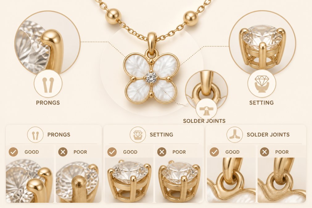 Detailed close-up of jewelry prongs, gemstone setting, and solder joints showing quality craftsmanship and secure stone placement under bright magnification lighting