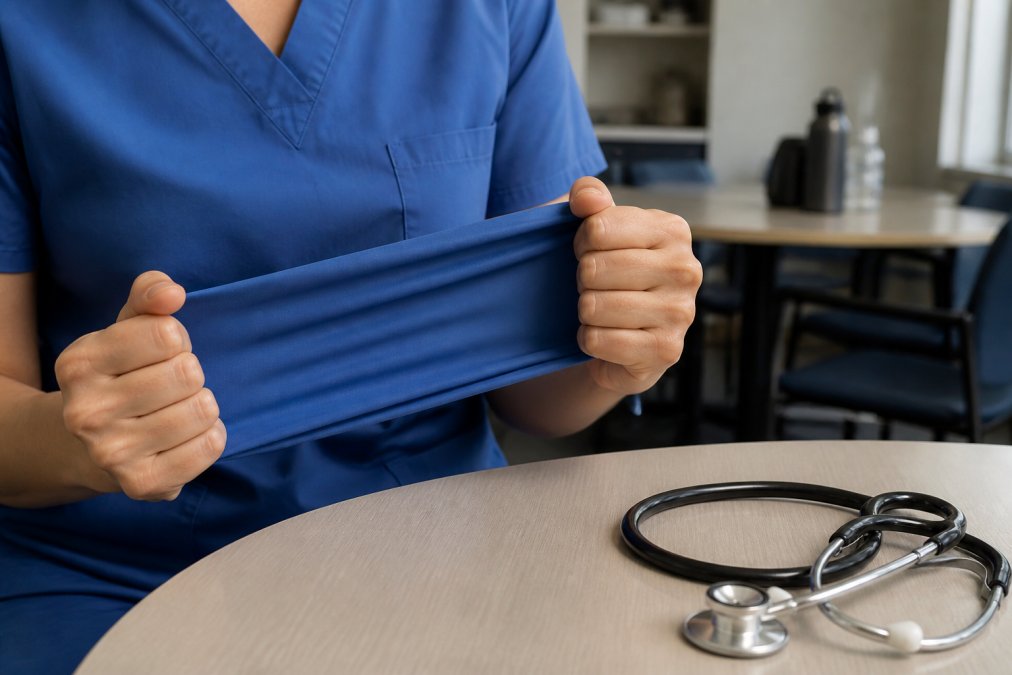 Close-up of a nurse's hands stretching a piece of blue scrub fabric to show its elasticity, with a stethoscope resting on a nearby table in a hospital break room