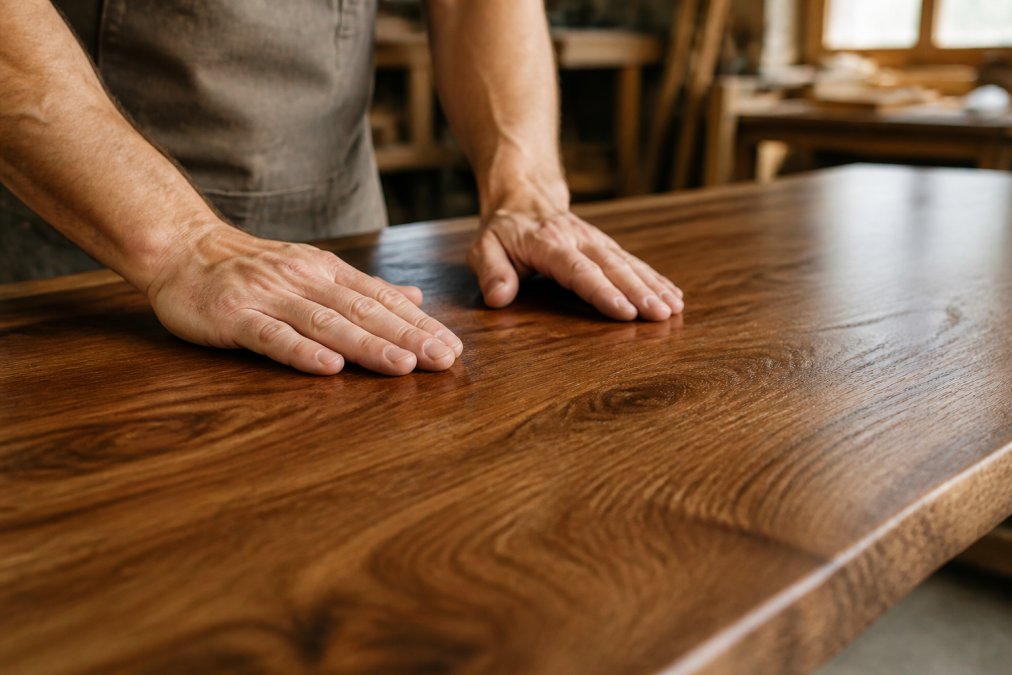 Close-up of a craftsman's hands running along the grain of a solid timber dining table surface, showing rich natural wood texture and finish in a warm workshop setting