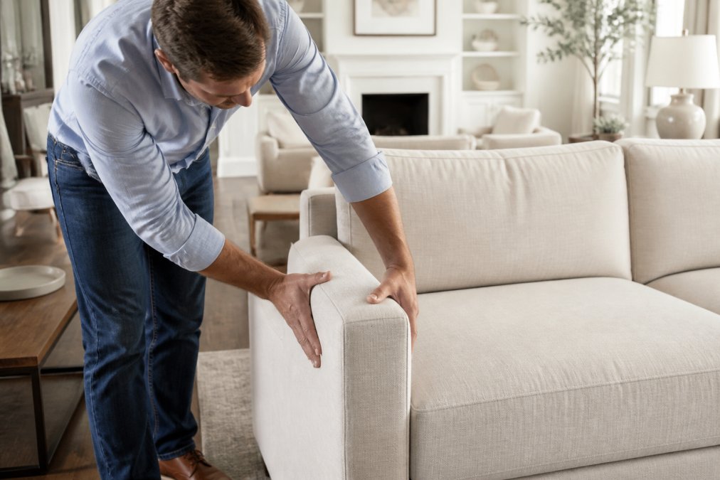 A person pressing down firmly on the arm of a well-crafted linen sofa in a bright, elegantly furnished living room, examining the frame stability and cushion structure