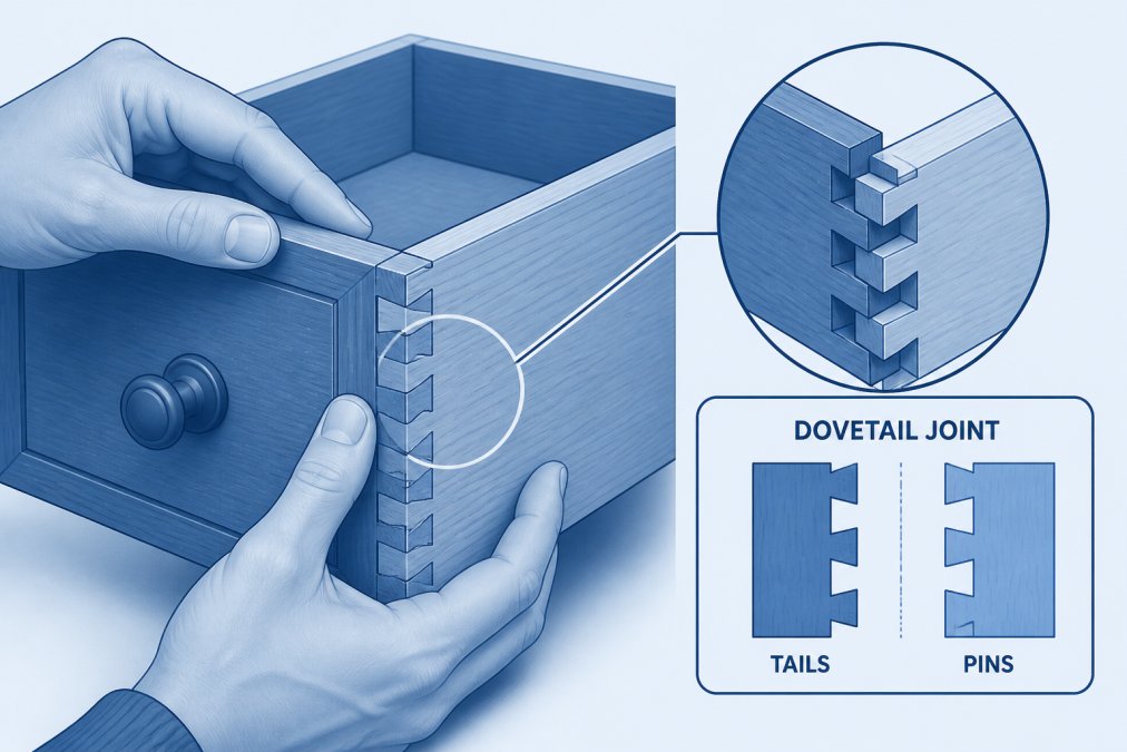 Close-up of hands examining dovetail joints on the corner of a wooden drawer, showing interlocking wood construction detail with natural lighting