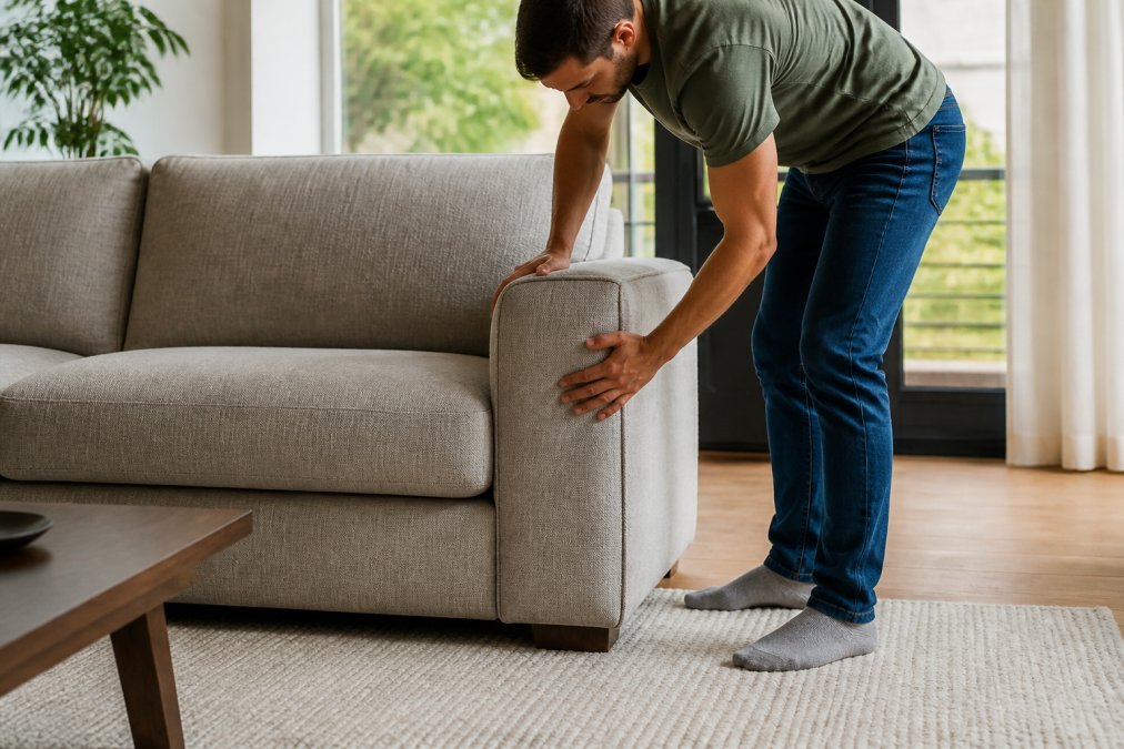 Person performing a wobble test on a sofa frame, gently pushing the armrest to check for movement and stability in natural home lighting