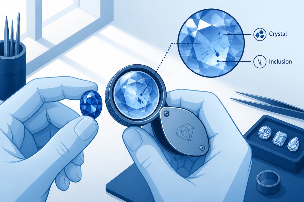 Close-up of hands holding a vibrant gemstone under a jeweller's loupe with natural window light streaming across a professional workbench, showing magnified internal clarity and crystalline inclusions