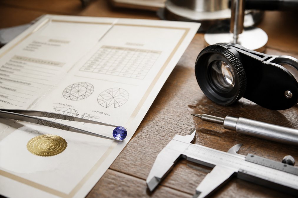 Professional gemological certification document with detailed grading information displayed alongside a loose, faceted gemstone on a jeweller's workspace with tools, magnification equipment, and professional lighting