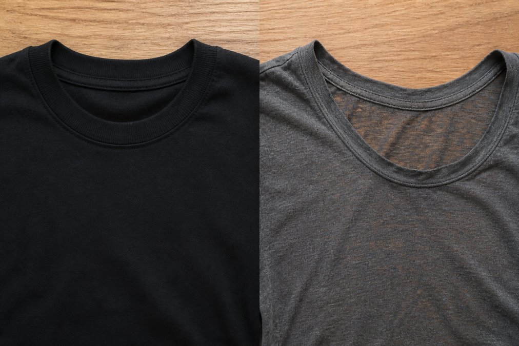 A side-by-side photo comparison showing a high-quality tee on the left with a dense, opaque fabric and a tight collar, versus a low-quality tee on the right with a see-through fabric and a stretched-out collar