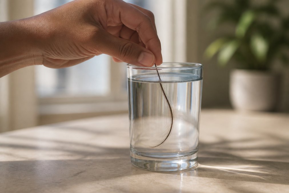 Close-up of hands gently placing a strand of hair into a clear glass of water, with natural light illuminating the glass to show the hair's position relative to the water level