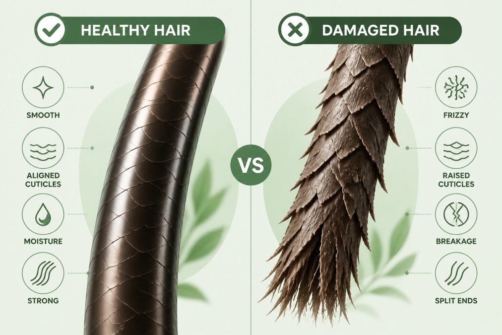 Side-by-side close-up comparison showing a glossy, smooth hair strand with aligned cuticles next to a visibly frizzy, damaged strand with raised cuticles and split ends under bright natural lighting