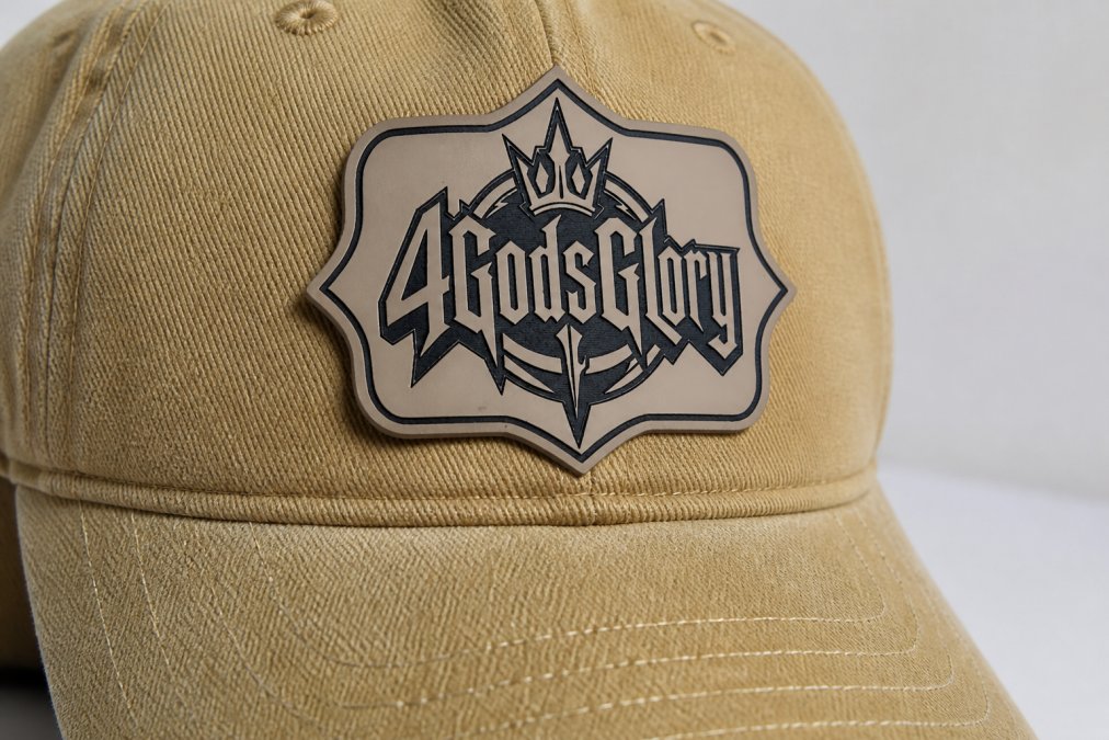 Macro close-up shot of cap stitching detail showing tight, perfectly aligned seams and quality embroidered logo on the front panel of a structured baseball cap against a neutral background