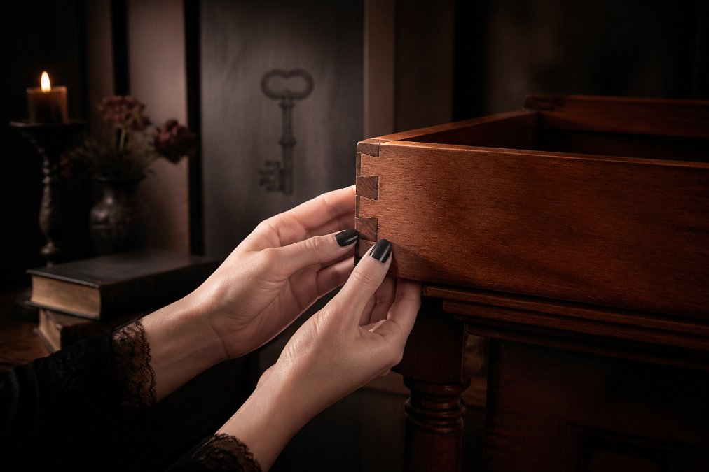 Close-up of hands examining wooden furniture joinery, showing dovetail joints and frame construction details on a well-crafted piece