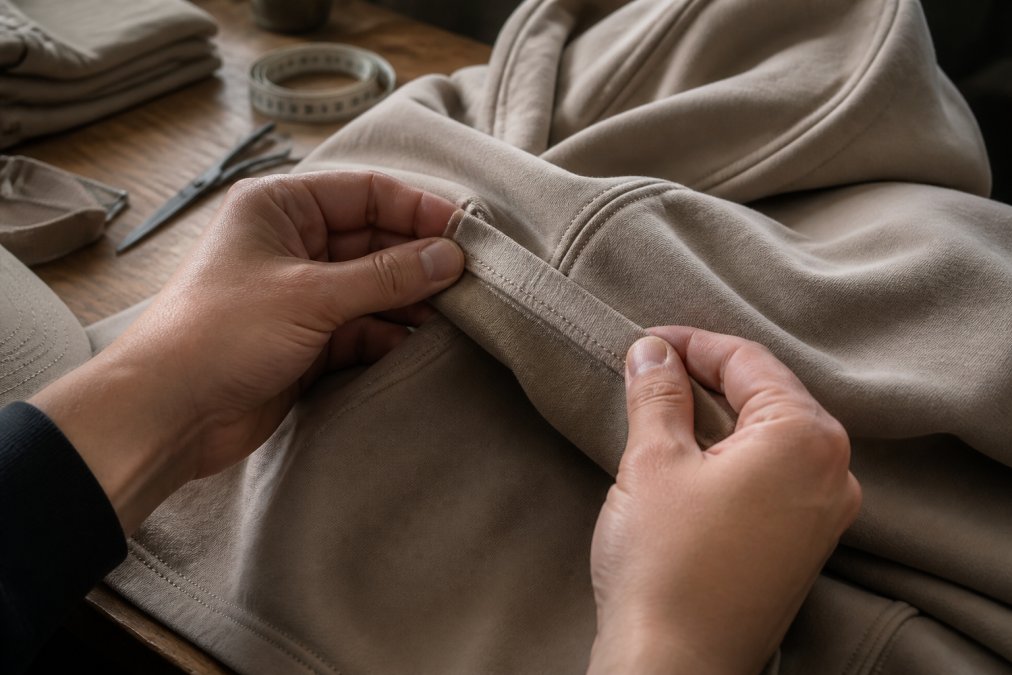 Close-up of hands carefully inspecting double-needle stitching on a heavyweight hoodie seam, examining the parallel stitch lines and seam reinforcement with natural daylight illuminating the fabric detail