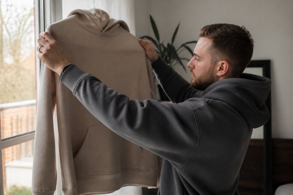 Person holding a high-quality heavyweight hoodie up to bright natural light, carefully examining the fabric density, color consistency, weave structure, and overall construction details with focused attention