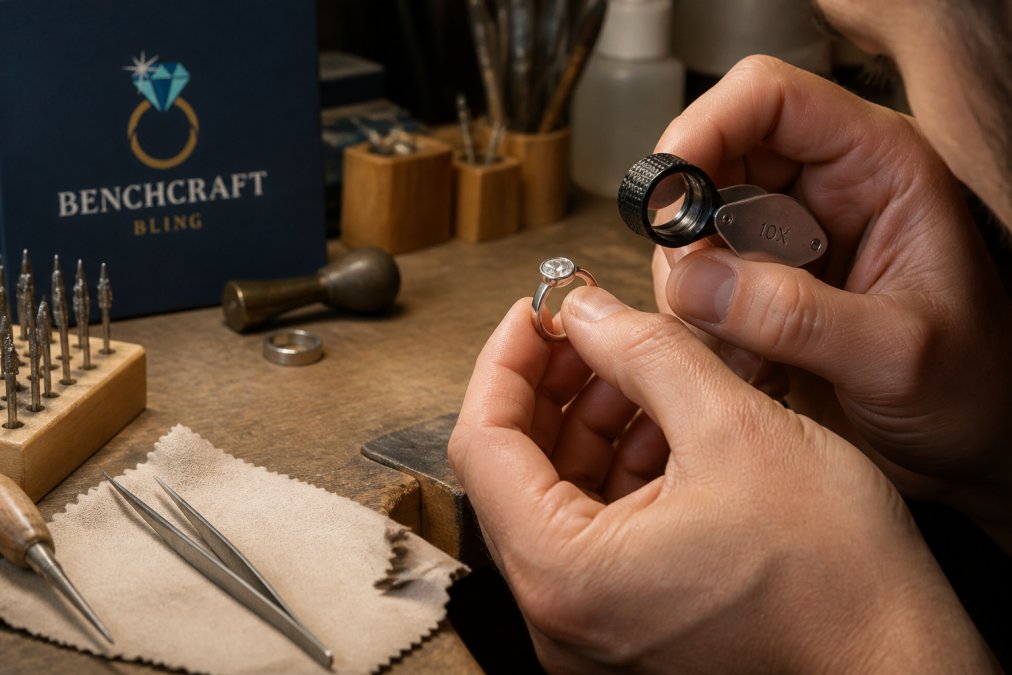 Close-up of a jeweler's hands holding a 10x loupe over a silver ring with a bezel-set stone on a workbench, tweezers and a polishing cloth nearby in warm workshop light