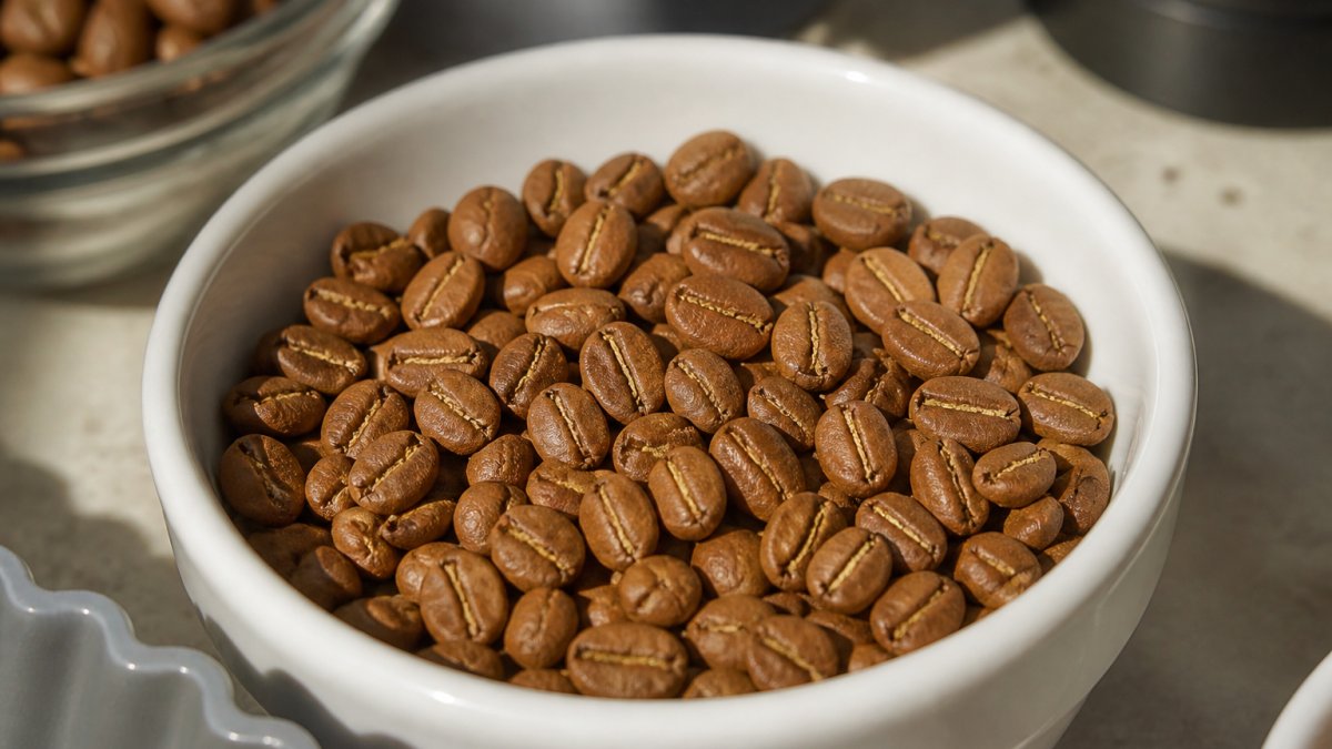Close-up of light roast coffee beans in a white cupping bowl showing uniform cinnamon-brown color, dry oil-free surface, and distinct individual bean shapes under bright natural light