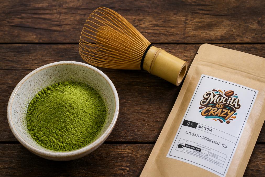 Close-up overhead shot of a small ceramic bowl filled with vivid, bright green matcha powder next to a bamboo whisk on a dark wooden surface