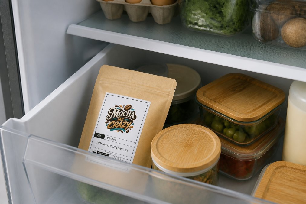A sealed airtight tin of matcha powder placed inside an open refrigerator drawer alongside other small food containers, shot in soft natural light