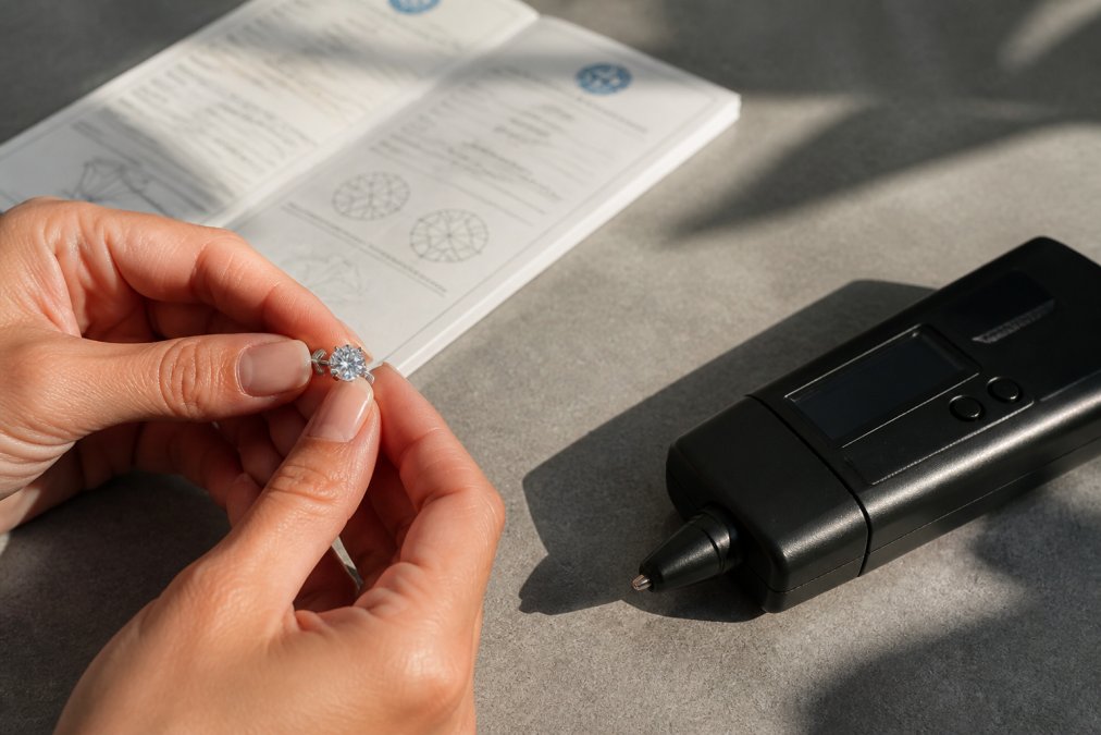 Hands holding a moissanite stud earring next to a gemological certification document and electronic diamond tester device arranged on a neutral gray surface with natural window lighting