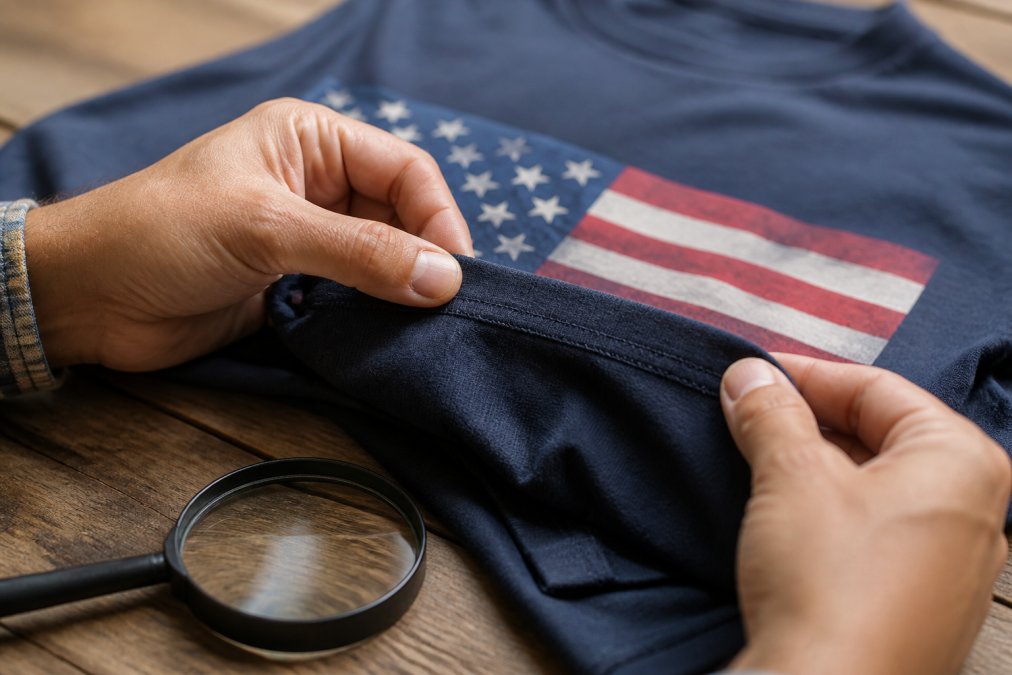 Close-up of hands examining the stitching and seam quality on a patriotic graphic t-shirt, with a magnifying glass nearby on a wooden table