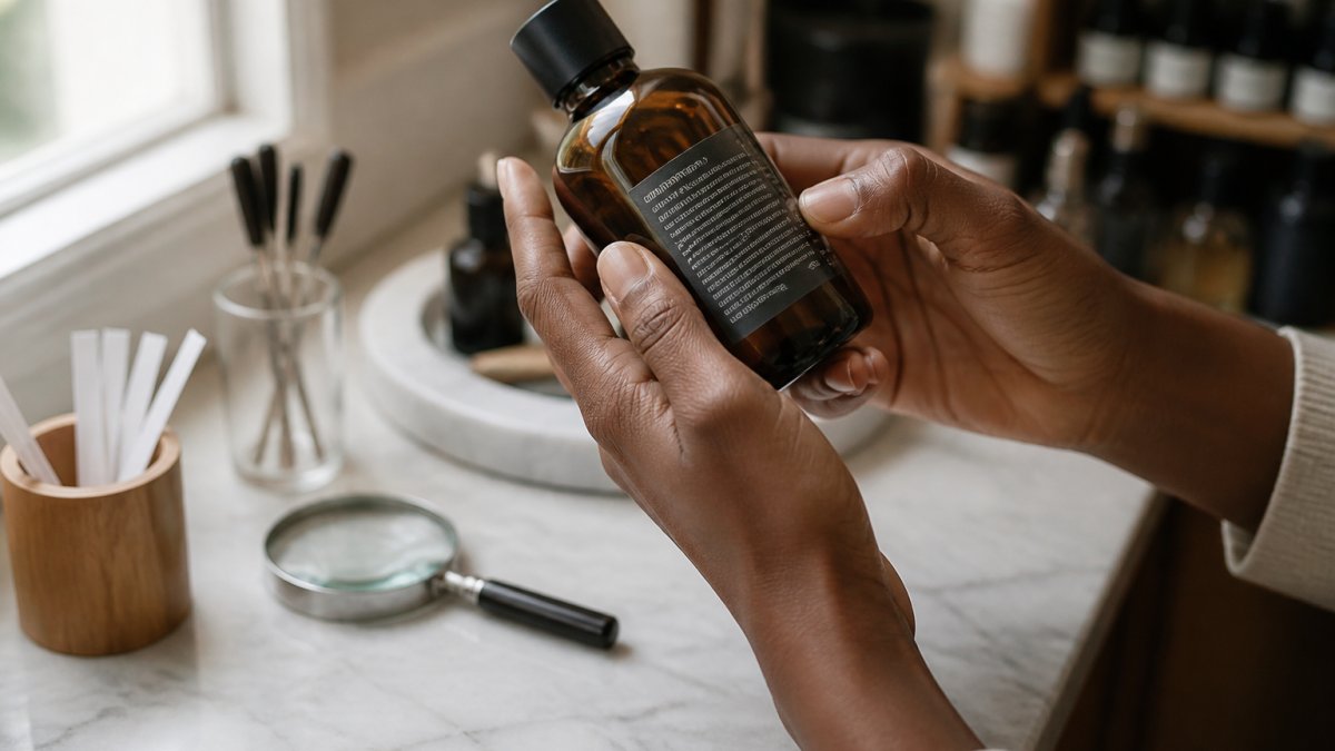 Hands holding an amber perfume bottle with a magnifying glass focused on the perfume ingredients label.