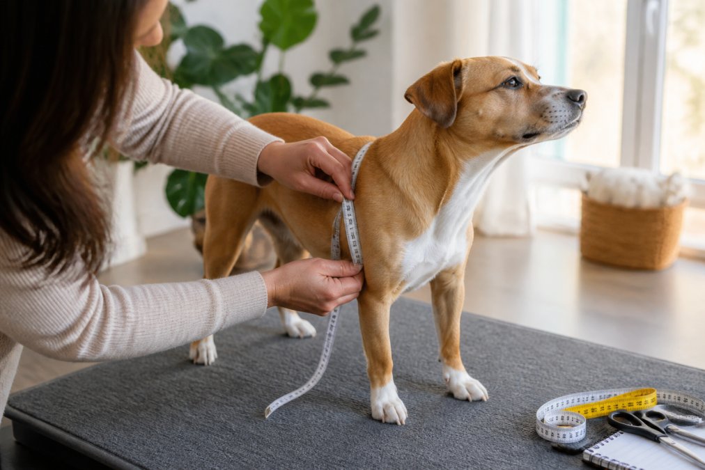 Person using a soft tape measure to check a dog's chest girth for high quality pet apparel fitment