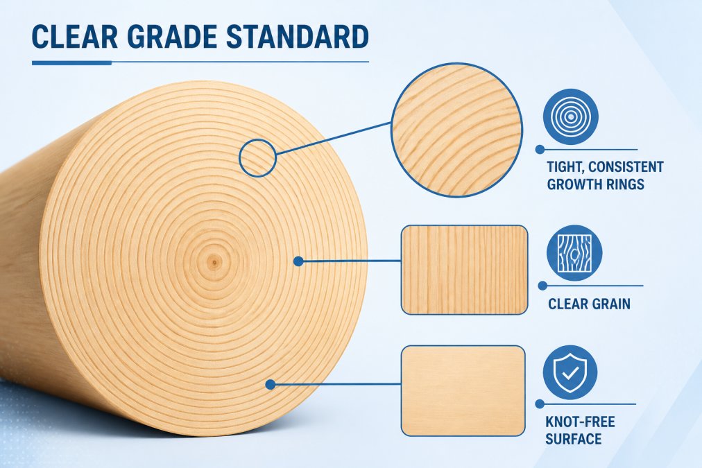 Close-up of sauna wood cross-section showing tight, consistent growth rings with clear grain pattern and knot-free surface under natural lighting