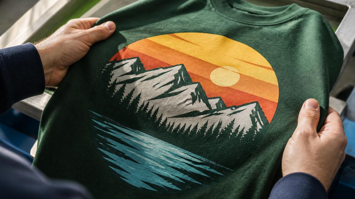 Close-up of hands holding a printed t-shirt under bright natural light, showing crisp edges and vibrant colors of the screen print