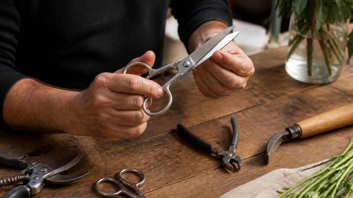Professional hands examining a pair of professional shears under natural light, checking blade alignment and pivot screw tension on a workbench