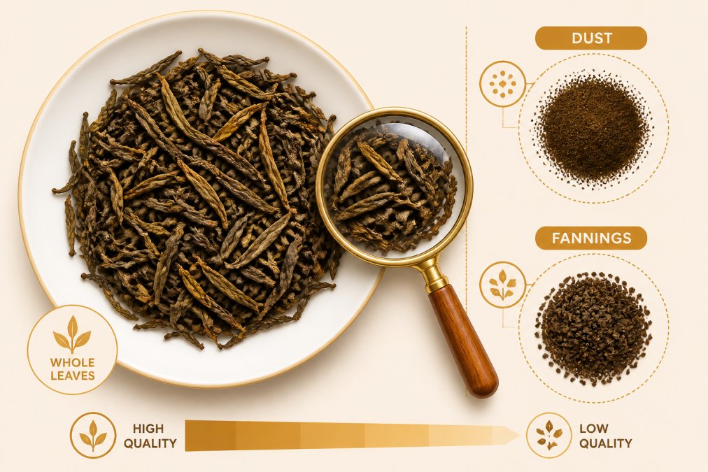 Close-up overhead shot of loose leaf tea spread on a white ceramic plate, showing whole leaves with natural color variation, next to a magnifying glass and a small pile of dust and fannings for comparison
