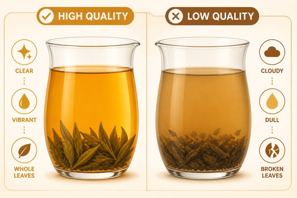 Two glass brewing vessels side by side: one showing a clear, vibrant brewed tea liquor with bright color, the other showing a dull or cloudy brew, with fresh leaves visible at the bottom of each glass