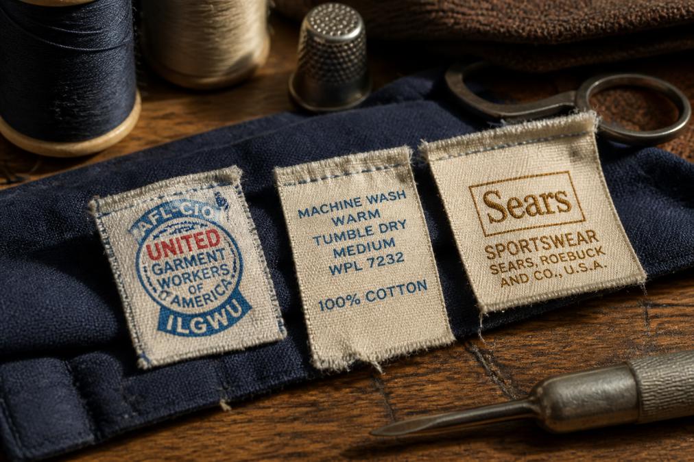 Macro shot of three high quality vintage clothing labels showing woven and printed textures under raking light