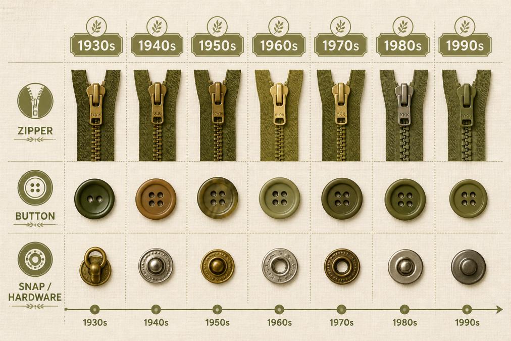 Flat lay of various vintage zippers, buttons, and metal snaps arranged on cream linen fabric showing different eras and styles from 1930s to 1990s, natural window lighting