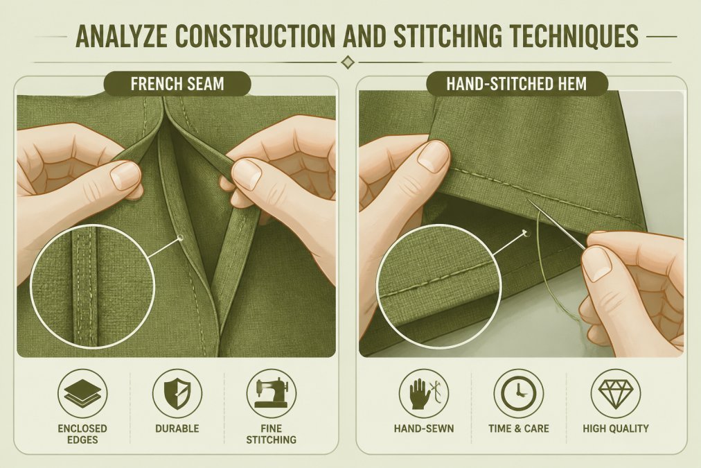 Close-up of hands examining vintage garment seams and stitching details, showing French seams and hand-stitched hems against natural window light on neutral fabric background