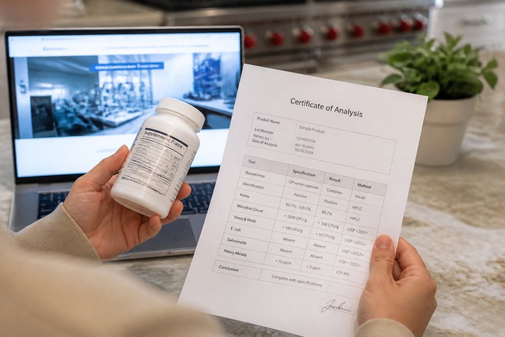 A close-up of a person's hands holding a supplement bottle next to a printed Certificate of Analysis document on a clean kitchen counter, with a laptop showing a testing lab website in the background