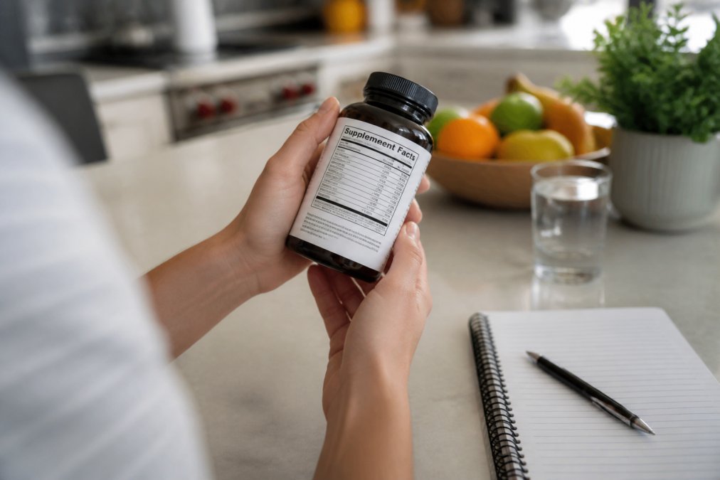 Hands holding a supplement bottle to examine wellness ingredients on the label in a bright kitchen