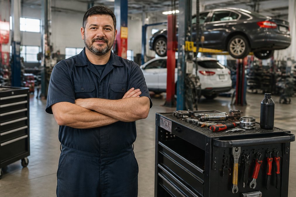ASE-certified technician in professional work uniform standing in modern auto repair bay with diagnostic equipment, tool cabinets, and vehicles visible in the background