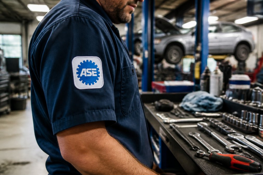Technician wearing an ASE certification patch while performing honest auto repair in a clean shop
