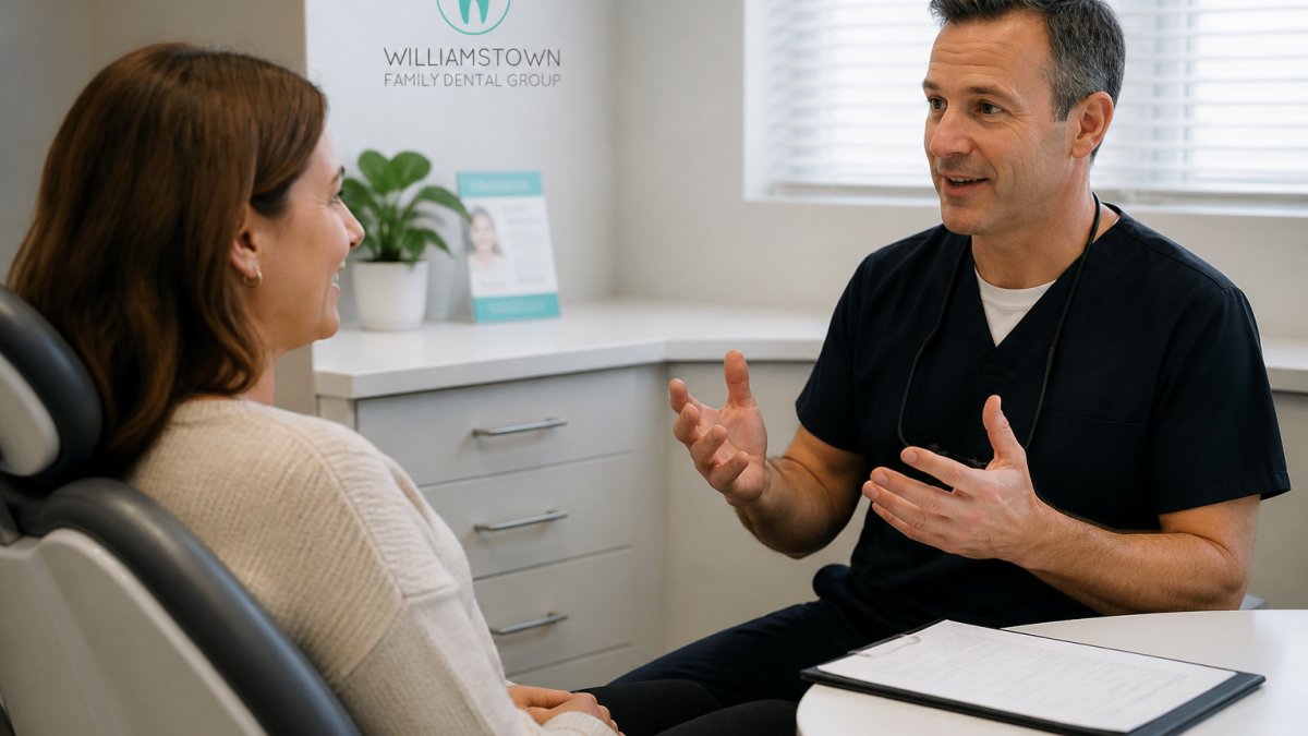 Patient in dental chair having a calm, engaged conversation with dentist who is gesturing while explaining treatment plan, with document visible on desk beside them