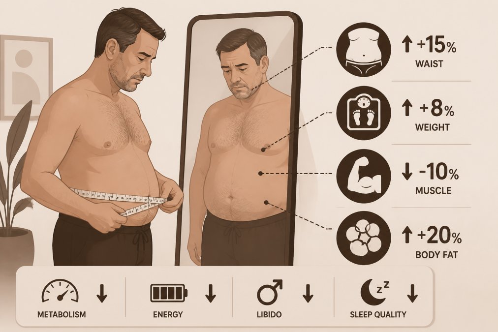 Middle-aged man measuring waist circumference with concerned expression, showing physical changes related to hormonal shifts in clinical setting with neutral lighting