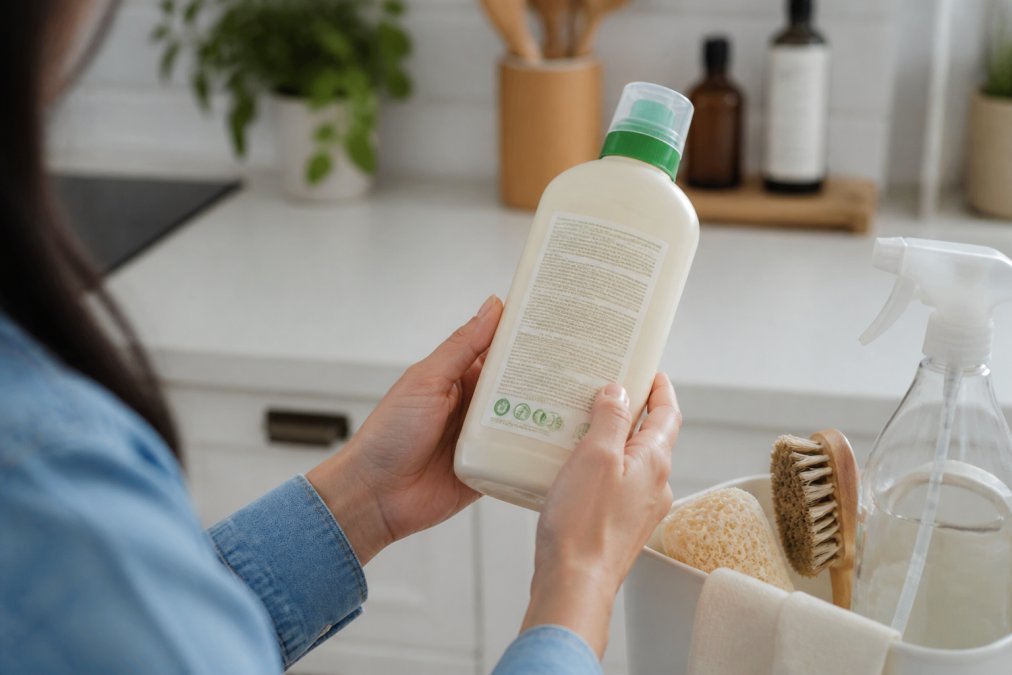 A person's hands holding a cleaning product bottle, turning it to read the fine print on the back label in a bright, minimal kitchen setting