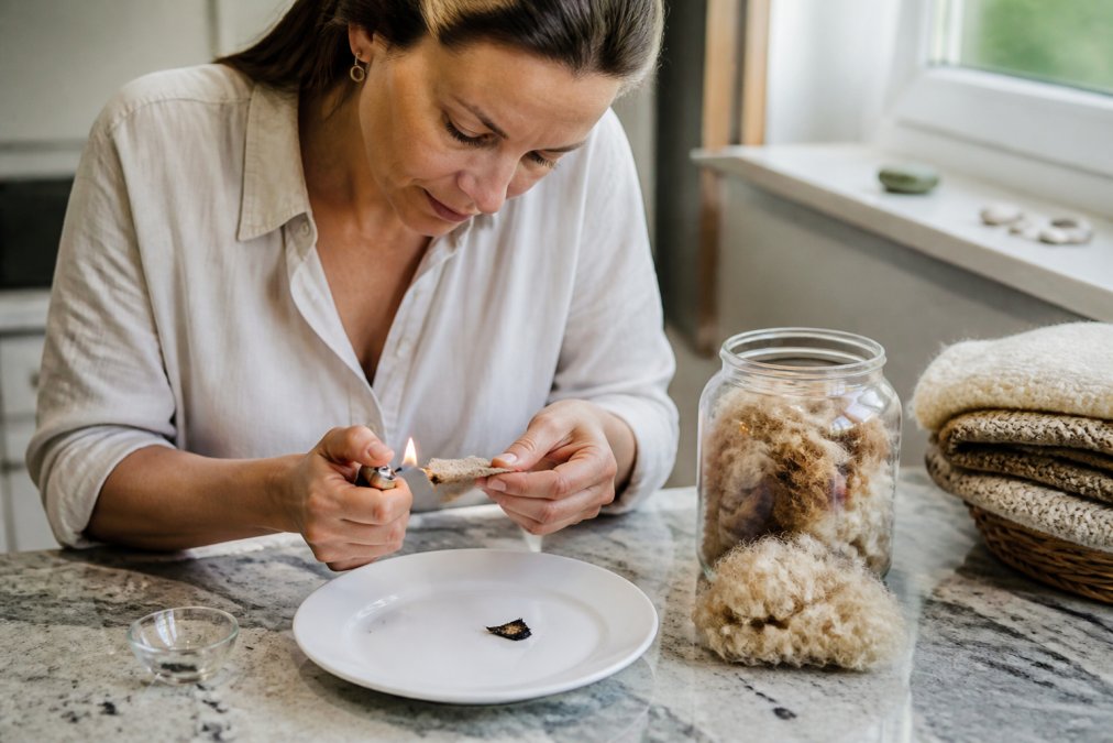 Close-up of hands holding a small fabric swatch over a white plate, with a lighter and burnt fiber sample nearby on a kitchen counter, natural light from a window