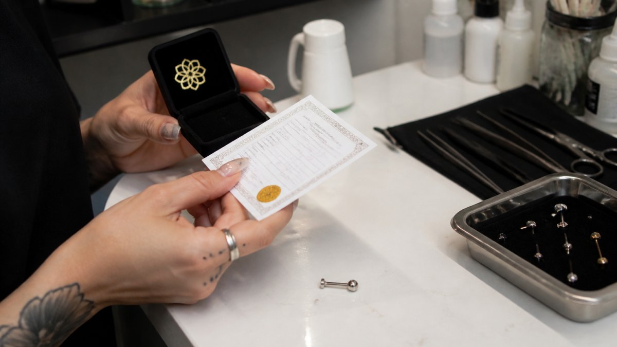 Close-up of hands holding a small jewelry box with a mill certificate and a threaded titanium labret next to it on a clean white counter